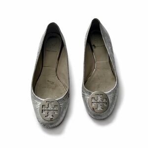 Tory Burch Metallic Leather Silver Ballet Flats With Silver Metal Logo Size 8